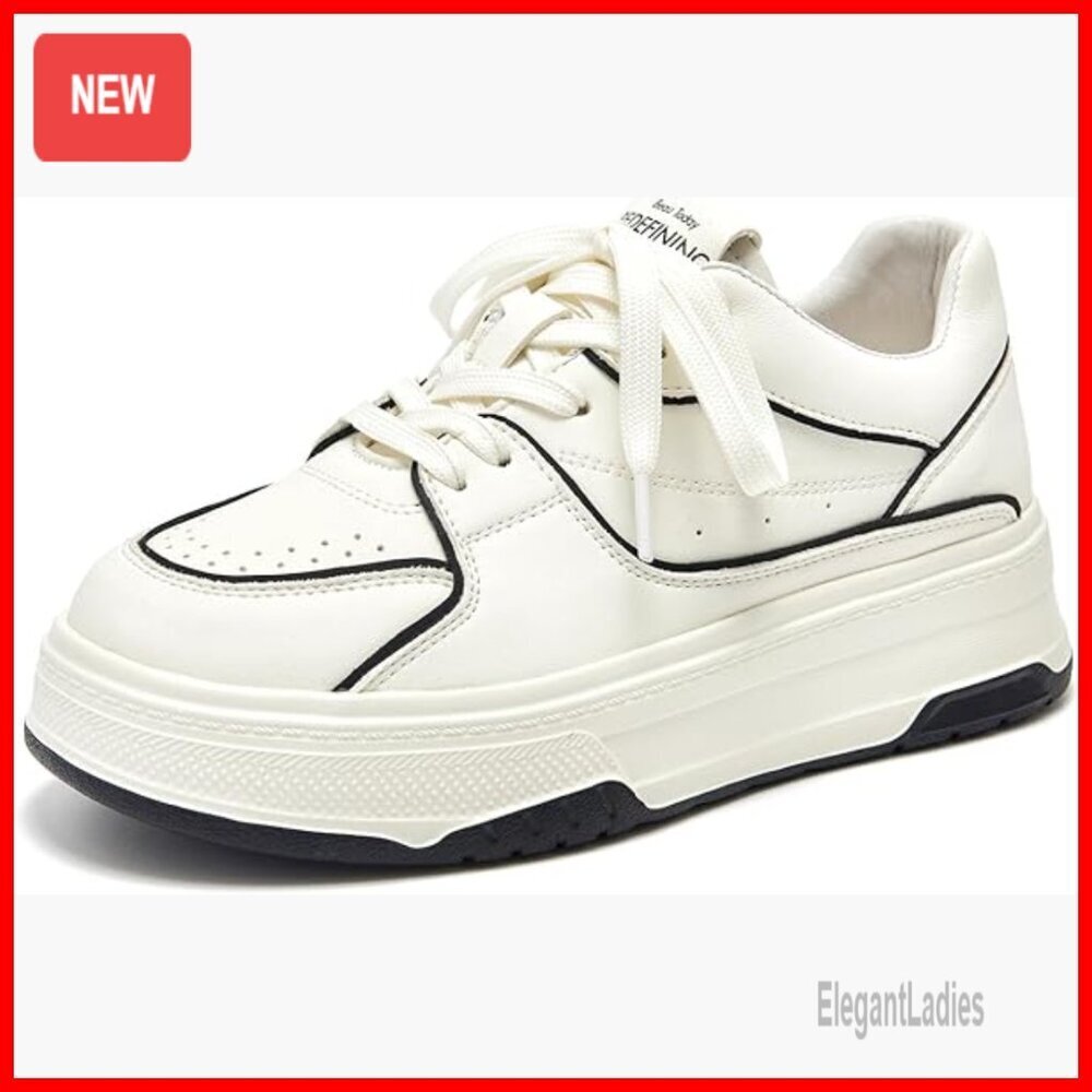 Chunky Platform Sneakers, Leather Lace-Up Athletic Shoes for Women